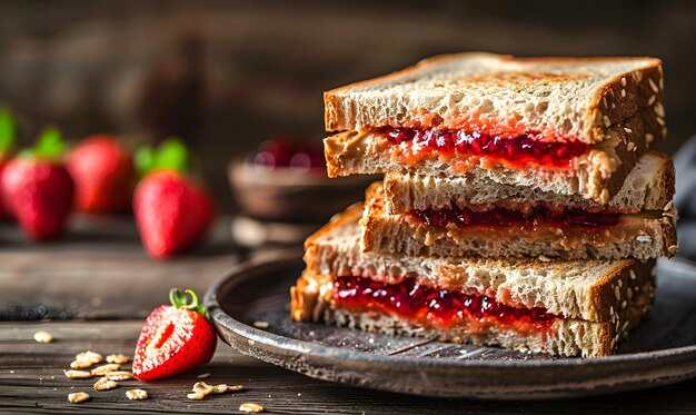 Photo peanut butter cereal and jelly sandwiches