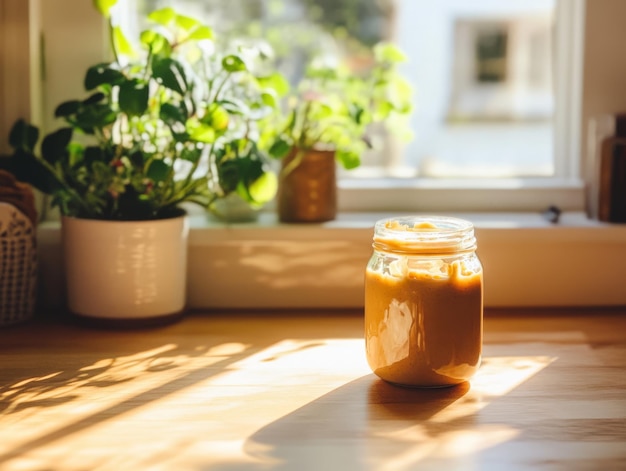 Photo peanut butter jar on a sunny windowsill