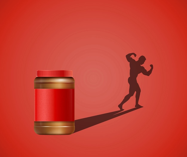 Peanut butter jar with shadow of a bodybuilder fitness health and gym screen