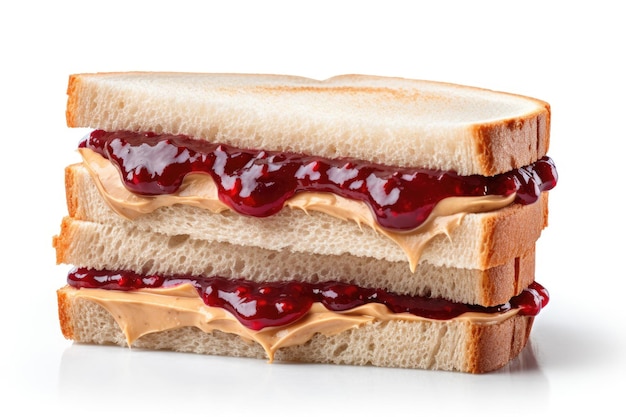 Peanut butter and jelly sandwich on white background