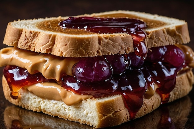 A peanut butter and jelly sandwich with grape jelly