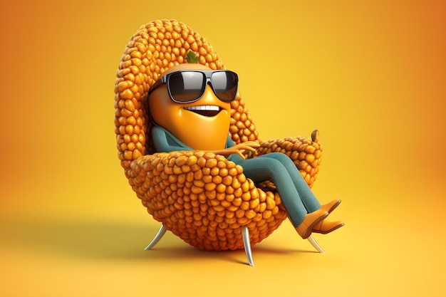 A peanut on a chair with sunglasses and a smile.