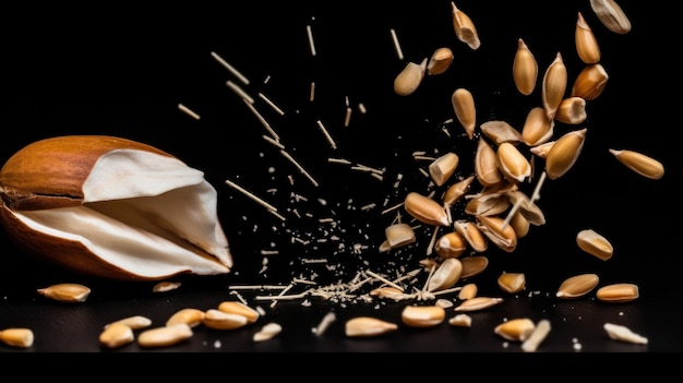 A peanut shell falling on a black background