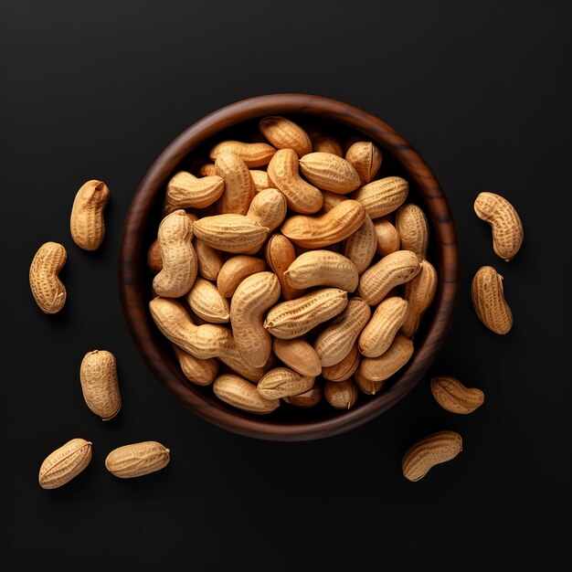 Peanuts in black bowl isolated on black background Top View