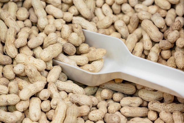 Peanuts in a shell in the supermarket with a scoop