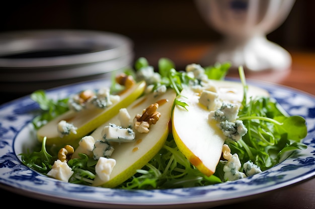 Photo pear and blue cheese salad on porcelain plate on rustic wooden table closeup pear salad made from green salad leaves rocket salad slices of fresh pears pieces of blue cheese walnuts and honey