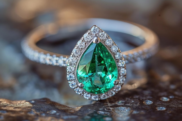 Pear cut emerald diamond engagement ring luxury jewelry closeup