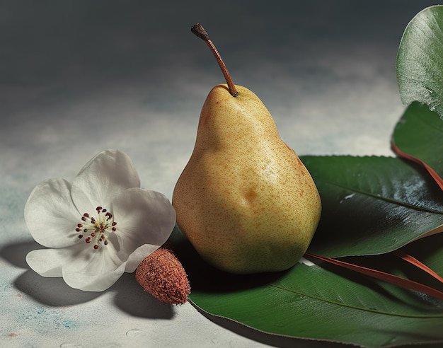 A pear and a flower on a table