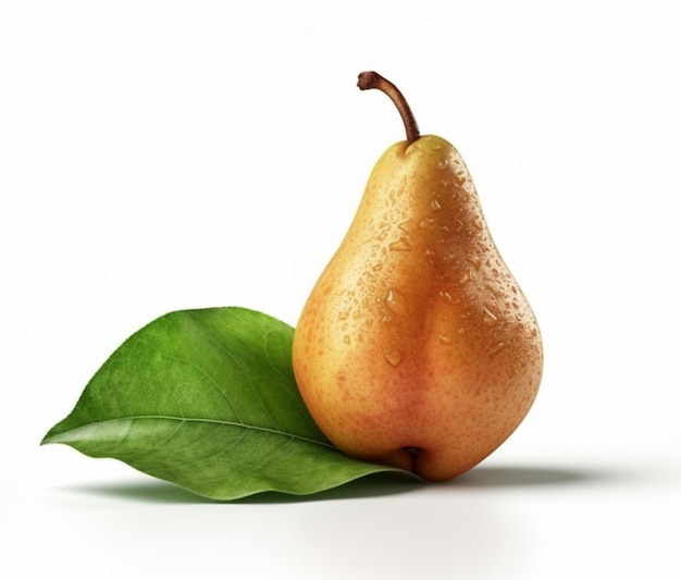 A pear and green leaf are on a white background.