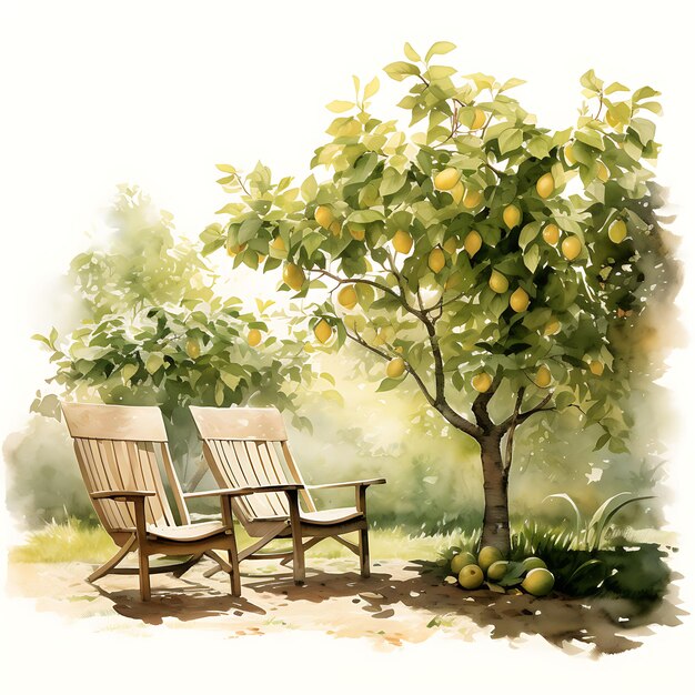 Pear Grove Pear Trees Reclining Chair Bronze Garden Statues Cozy Watercolor Of Nature Decorative