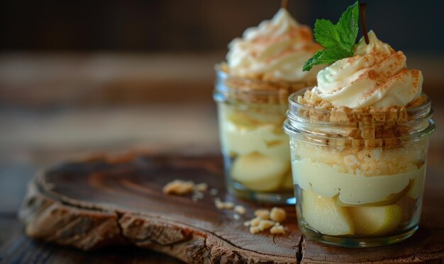 Photo pear and mascarpone layered dessert in a jar topped with a sprig of mint