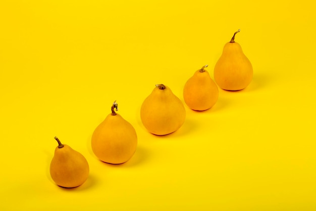 Pear-shaped decorative pumpkin on a yellow background