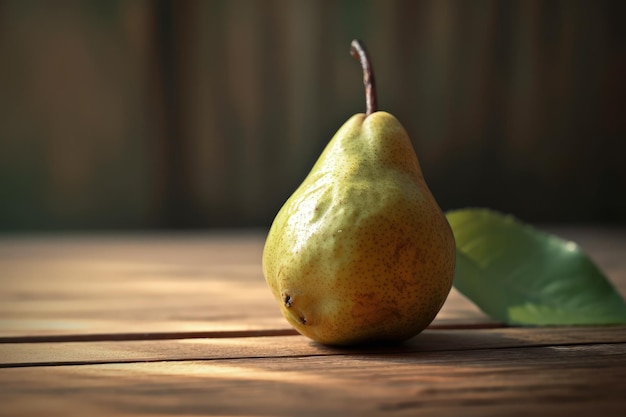 A pear sitting on a wooden table next to a green leaf generative AI