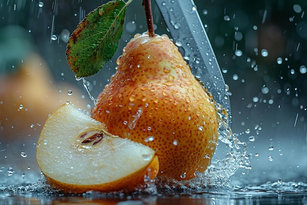 pear slices with knife and water drops and splashes on natural background