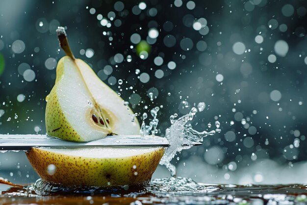 pear slices with knife and water drops and splashes on natural background