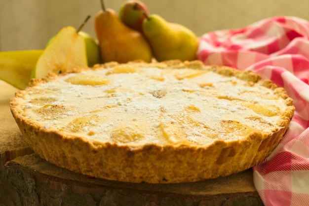 Pear tart. Autumn pear cake. Close-up.