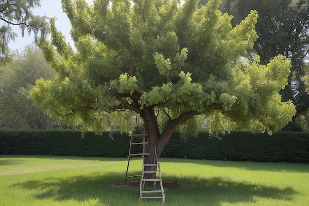 Photo pear tree with a ladder leaning against the trunk