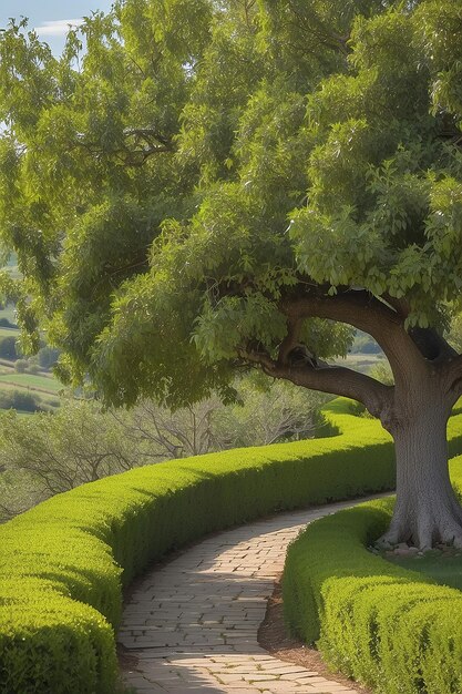 Photo pear tree with a winding path leading to it