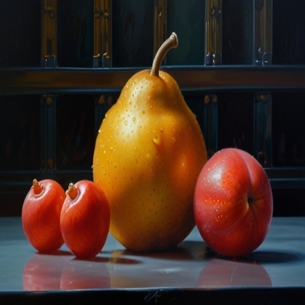 A pear and two apples on a table