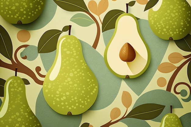 A pear with a leaf on it is cut in half and the pear is cut in half.