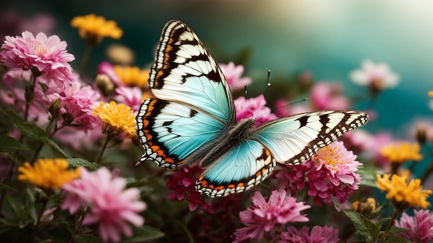 Pearl Butterfly with the colorful flowers