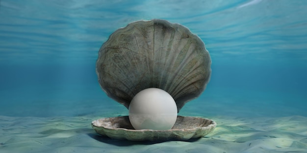 Pearl in an oyster shell underwater on the seabed 3d illustration