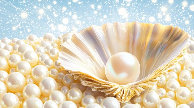 Photo pearl in seashell with scattered pearls and blue sparkling background