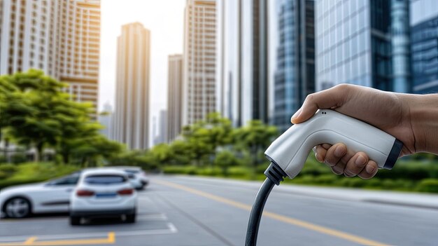 Photo a pearlcolored electric suv is being charged at a modern energy station showcasing the convenience of ecofriendly transportation in a welldesigned parking area