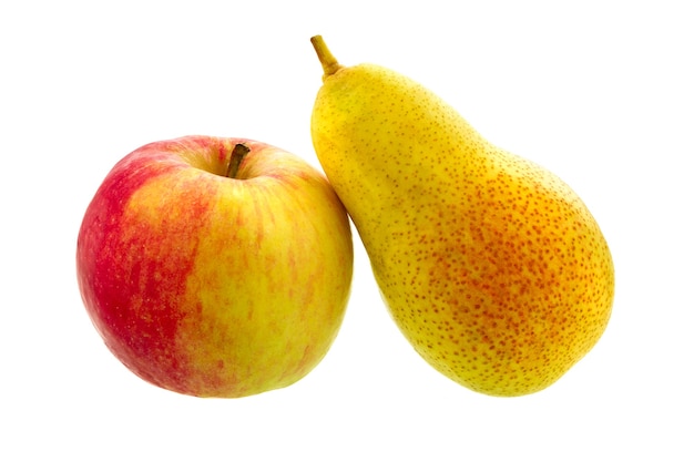 Pears and apple isolated on white background. ripe fruit.