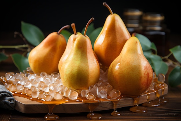 Pears and Honeycomb on a Wooden Cutting Board