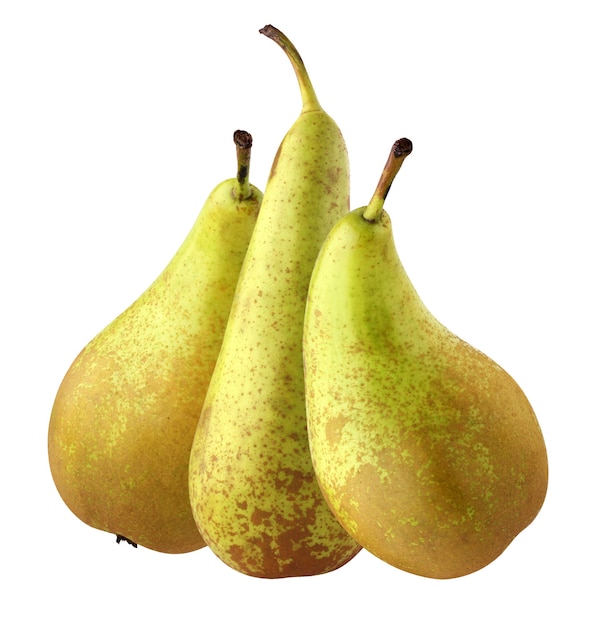 Photo pears isolated on a white surface with a clipping path. three whole fruits. pear conference.