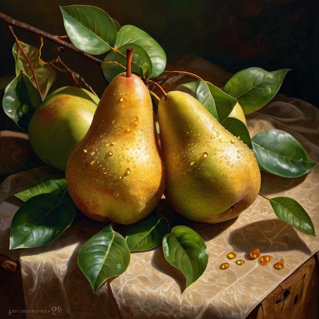 Photo pears and leaves on a table