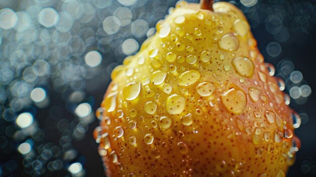 Pears in water drops closeup Selective focus