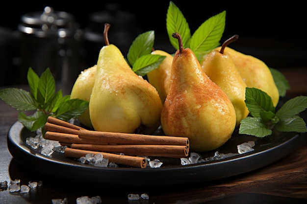 Photo pears with cinnamon and cloves on a slate plate