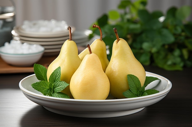 Pears with Fresh Mint on a Ceramic Plate