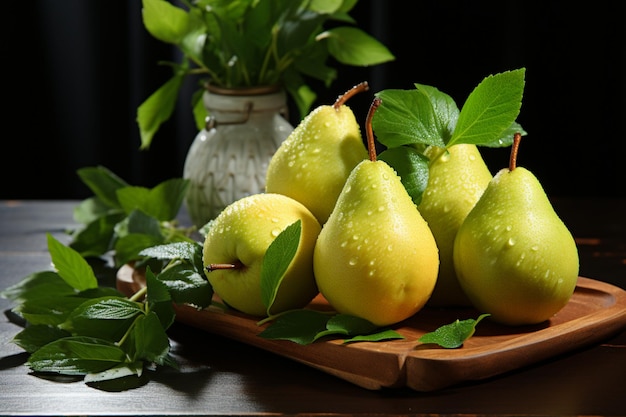 Pears with Fresh Mint Leaves on a Slate Plate