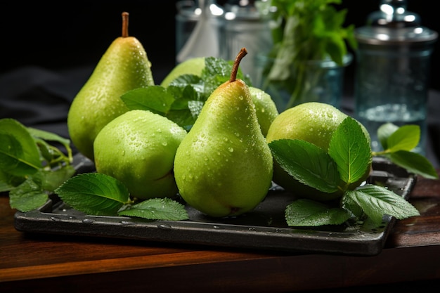 Pears with Fresh Mint on a Slate Board Full