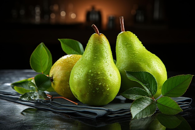 Pears with Fresh Mint on a Slate Board Full