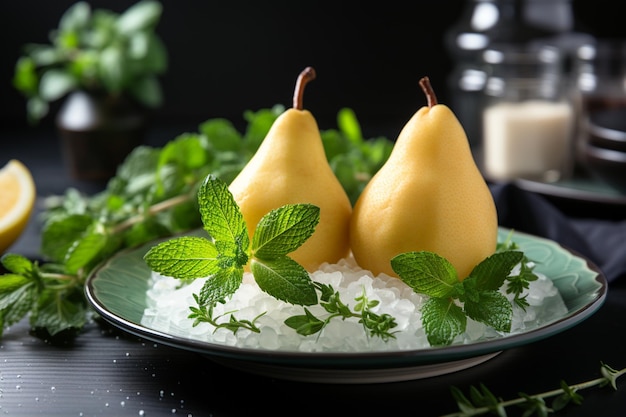 Photo pears with fresh mint on a white ceramic plate