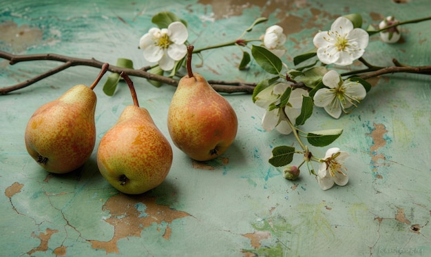 Photo pears with stems and blooming branches on a light green surface