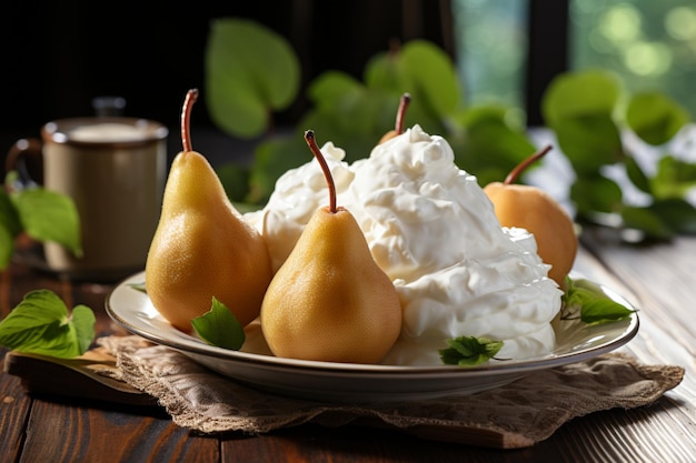 Photo pears with whipped cream on a rustic wooden plat