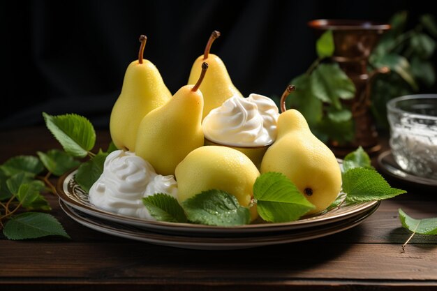 Photo pears with whipped cream on a rustic wooden plat