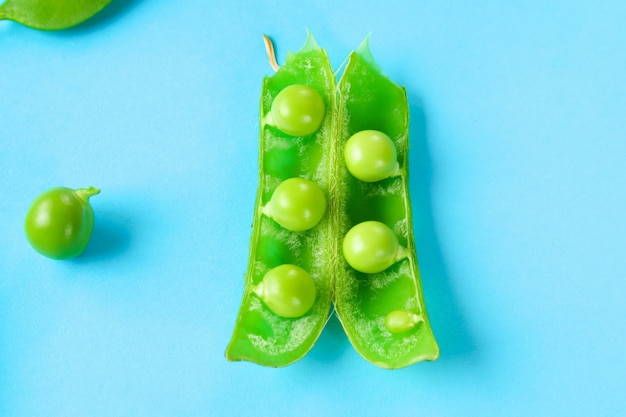 Photo peas, pods, leaves and pea flowers on a light pastel background. floral layout.