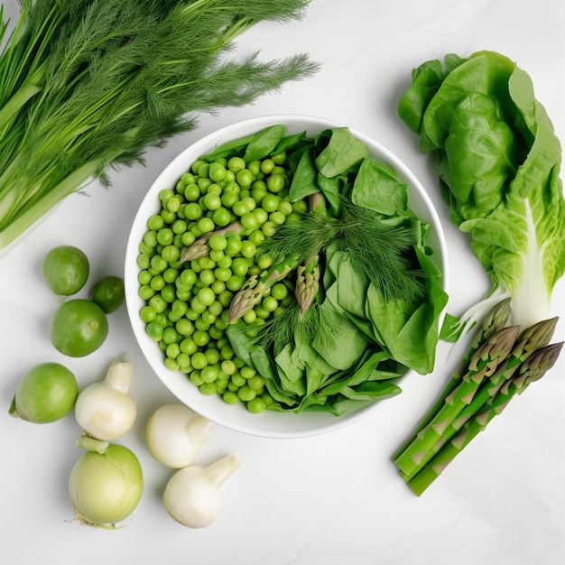 Peas With Lettuce Asparagus Green Pods And Onion