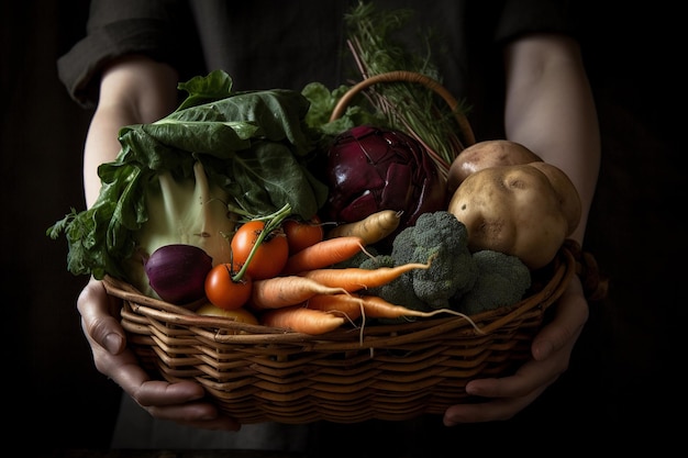 Peasant woman holds a basket with harvest AI Generated