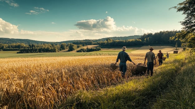 Photo peasants harvesting crops in lush fields