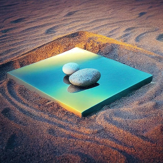 Pebble stones lying on square plate on sand