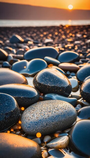 Photo pebble stones on the shore close up in the blurry sunset light in the distance background