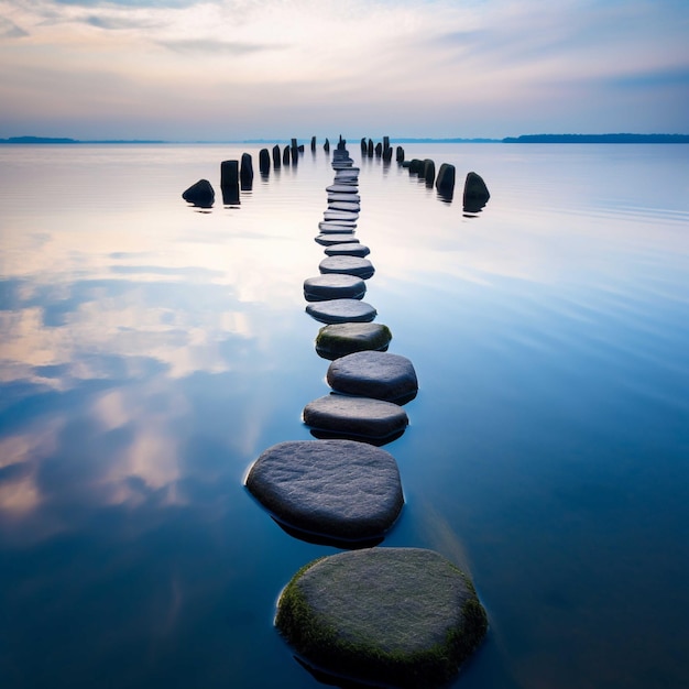 Pebble walkway on the sea at sunset Nature composition