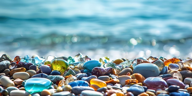 pebbles on the beach with a blue water background